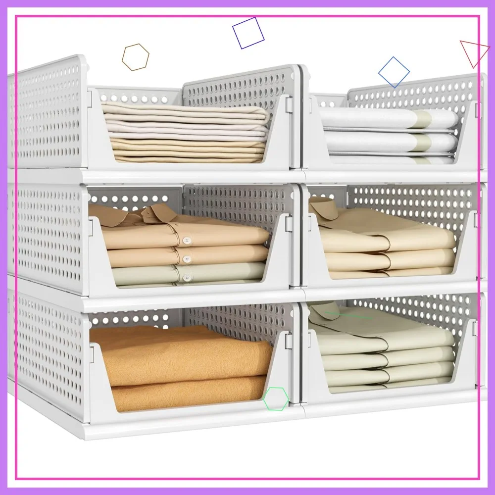 

6-Pack Stackable Plastic Drawer Baskets for Clothing, Closet Organizers Storage Bins in White for Bedroom Bathroom Office