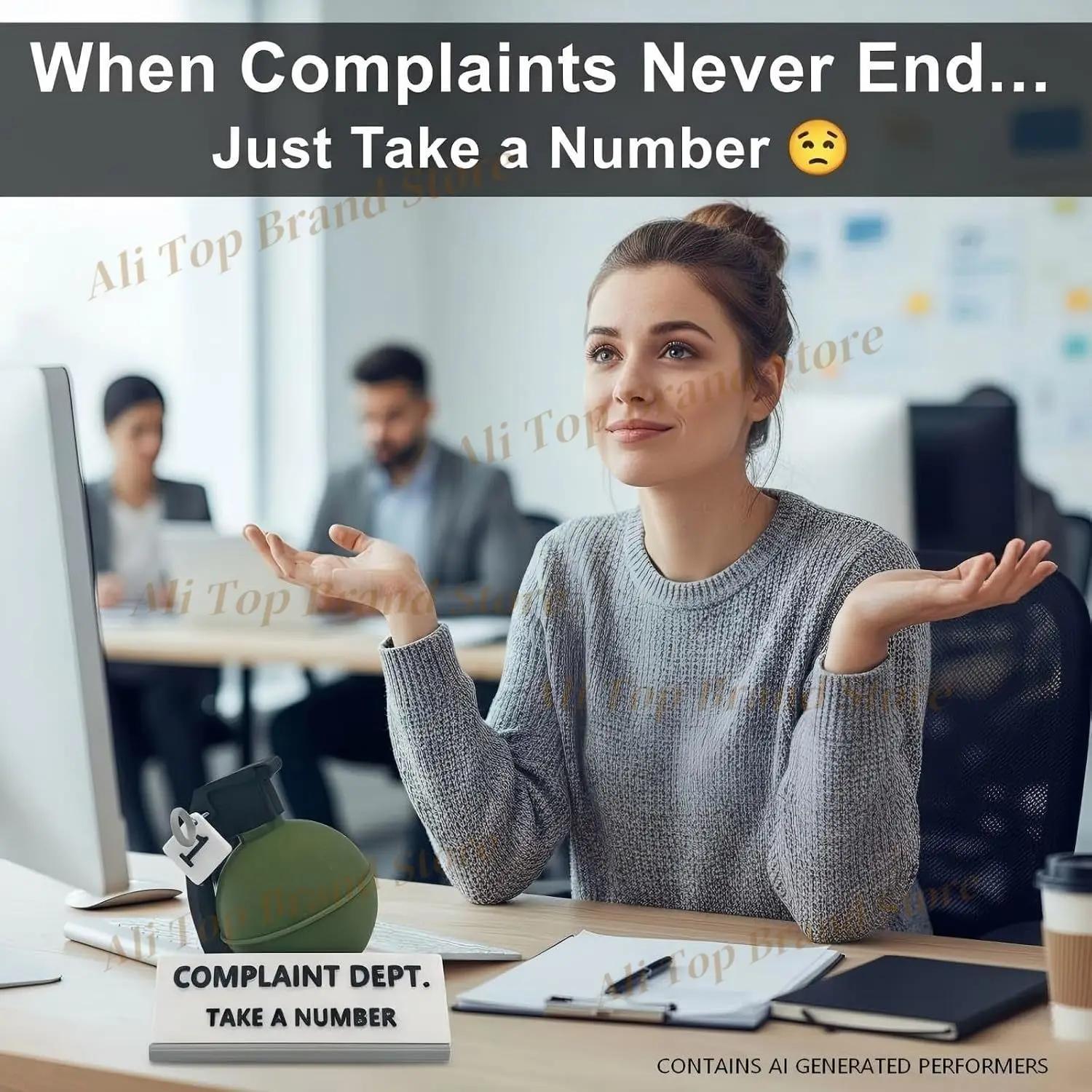 Complaint Department Desk Sign,Funny “Take a Number” Complaint Department Grenade Gag Gift,for Office Humor, Coworkers, or Prank