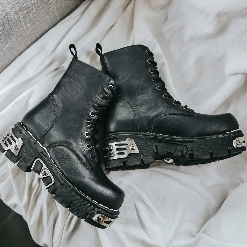 New Gothic Punk Men\'s Leather Boots Motorcycle Boots Platform Rubber Boots Black Warm Mid-Calf Tactical Combat Boots Fashion48