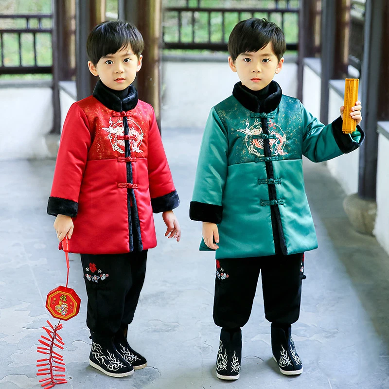 

2Pcs Kids Boy Red Hanfu Jackets Embroidery Cheongsam Tops Tang Suit Fur Coat Pants Children Chinese Style New Year Outfits Set