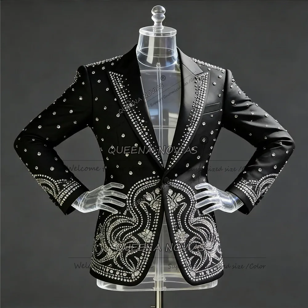 

Exclusive Beaded Crystals Suits Men Slim Fit 2 Piece Set Groom Banquet Wedding Tuxedo Customized Male Fashion Prom Blazer Outfit