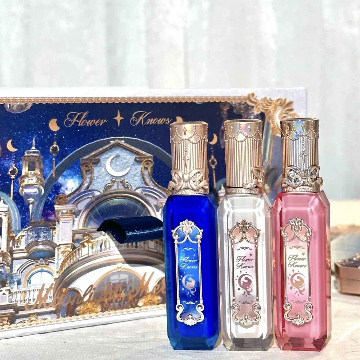 Flower Knows unicorn Moonlight Mermaid Lip Gloss Collection Gemstone Lip Glaze Nourishing Mirror Lip Plumber Gloss Makeup 3.5ML