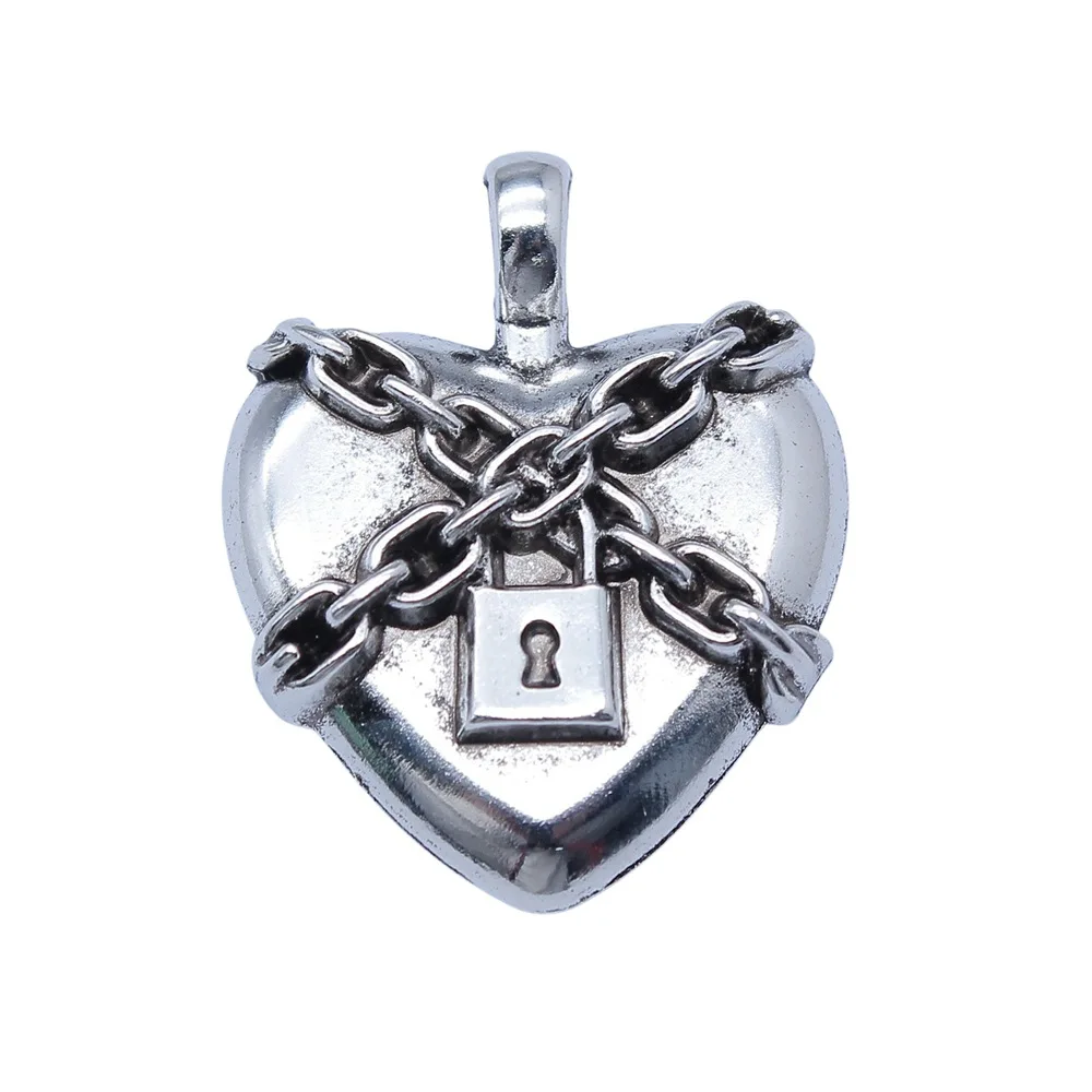 WYSIWYG 5pcs 26x33mm Antique Silver Color Gothic Chain Lock Heart Charms Pendant For DIY Jewelry Making