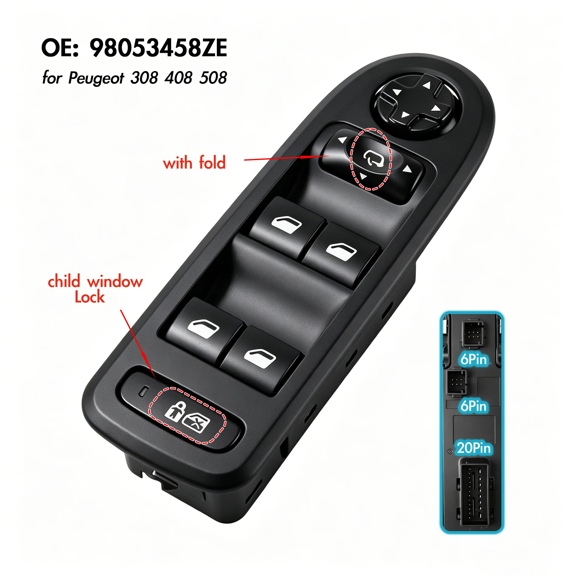 

98053458ZE For Peugeot 308 408 508,Driver Side Electric Power Window Master Switch Lifter Control Adjustment Button Regulator