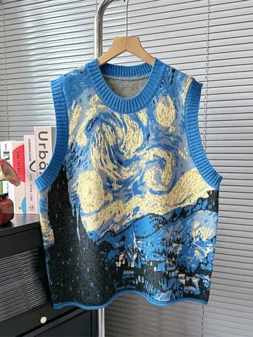 여성을위한 빈티지 유화 스웨터 조끼 대비 o-넥 탄성 풀오버 니트 탱크 2024 가을 겨울 새로운