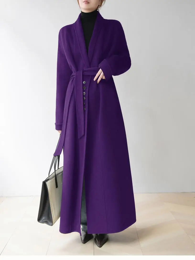 

High-End Double-Faced Woolen Coat Purple Plum Fruit Collar Extra Long Straight Cut Single Button Belted Women's Winter Outerwear
