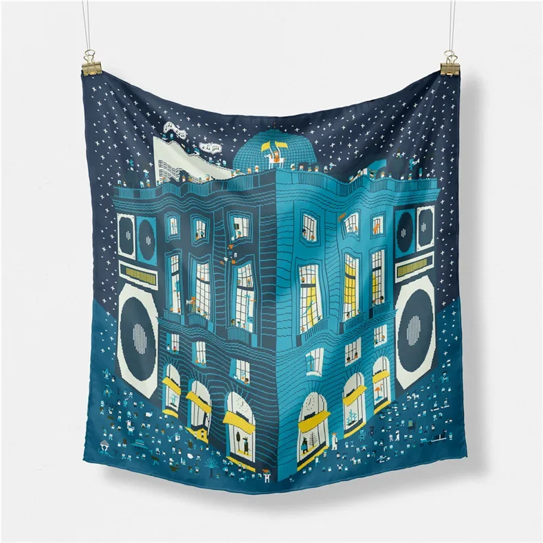 Architecture building printing women's small square scarf silk scarf wholesale fashion imitation silk scarf