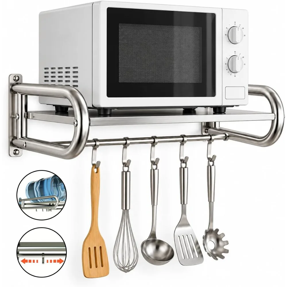 Mensola per microonde, mensole da parete per la cucina, supporto multifunzionale per microonde con 5 ganci, supporto da parete, adatto alla maggior parte dei modelli di microonde.
