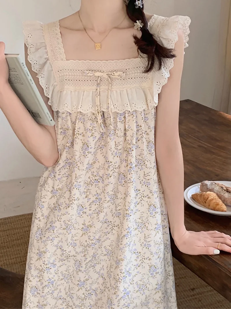 Korean Japan Sweet Princess Nightgowns Pure Cotton Floral Print Fairy Night Dress Summer Sleeveless Women Vintage Sleepwear