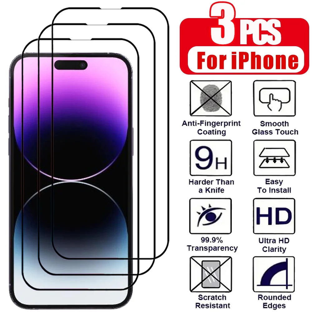 3Pcs Tempered Glass for iPhone 17 16 15 14 13 12 11 Pro Max Screen Protector for iPhone 17E 16E 12 13 Mini Glass Black Border