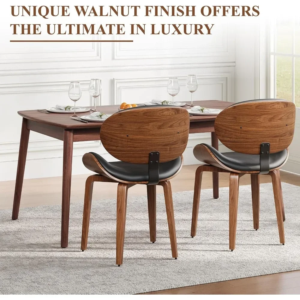 Modern Dining Chairs Set of 4, Mid-Century Chair with Walnut Bentwood, Ergonomic Dining Room Chairs with Curved PU Leather Seat