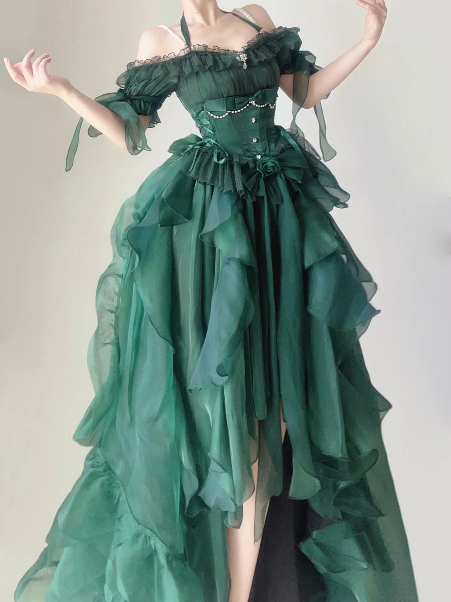 Vestido de novia de flores verdes, vestido de Lolita Op, vestido de princesa hinchada, Cosplay de Lolita Heavy Industry Trail