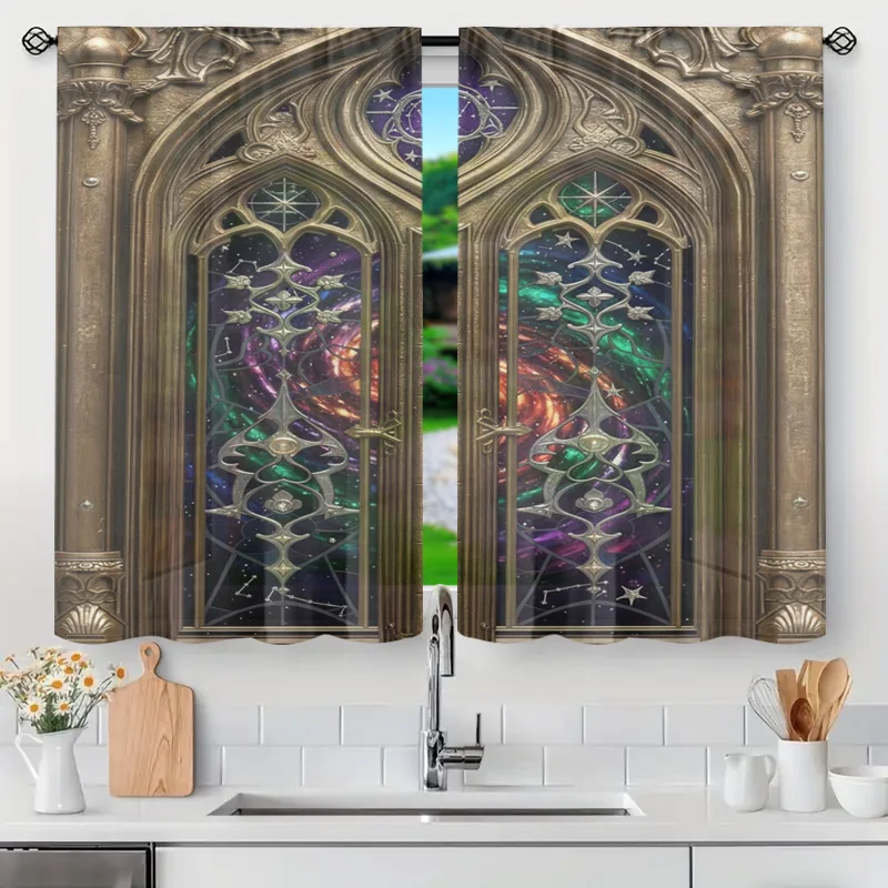 Luxury Gothic Arch Window Curtain Semi Sheer Vintage Damask Drapes Bronze Gold Effect Light Filtering Decorative French Style Ro