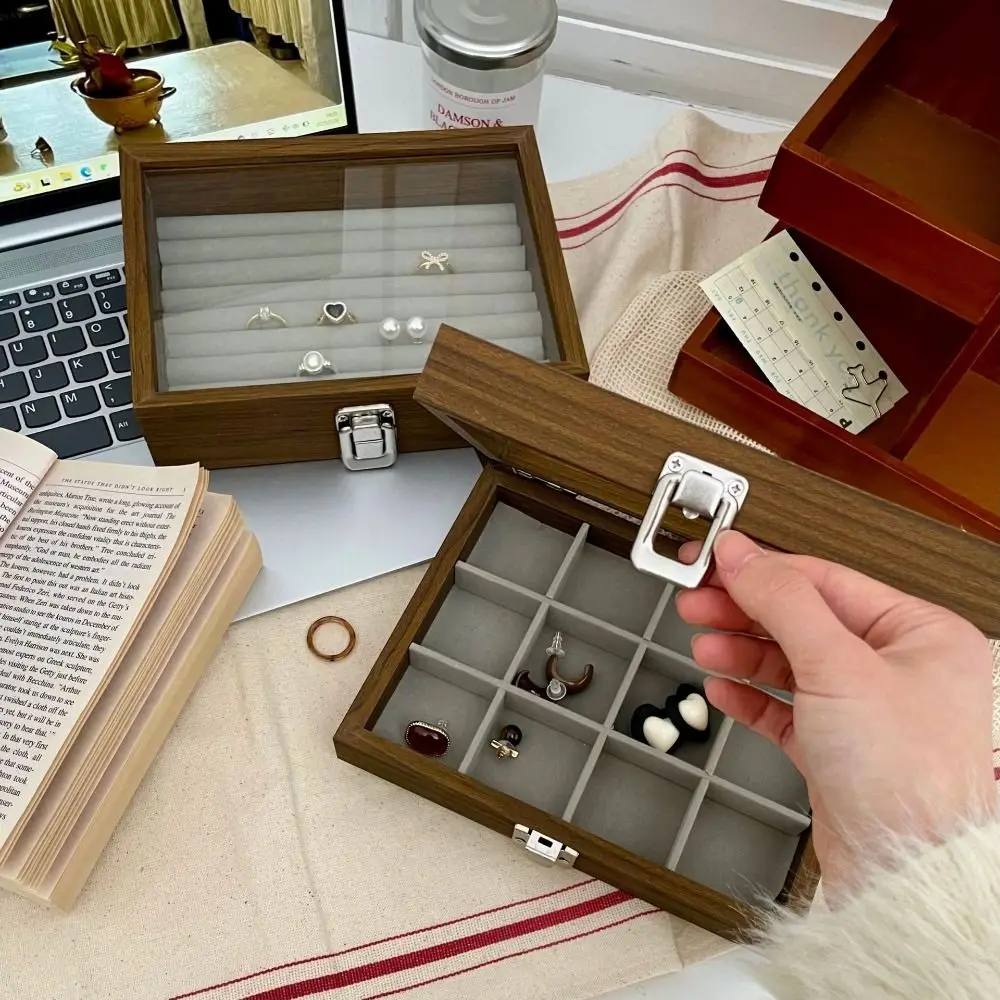 

Square Wooden Jewelry Box Large Capacity Glass Lid Jewelry Organizer Storage Box Earrings Ring Display Holder