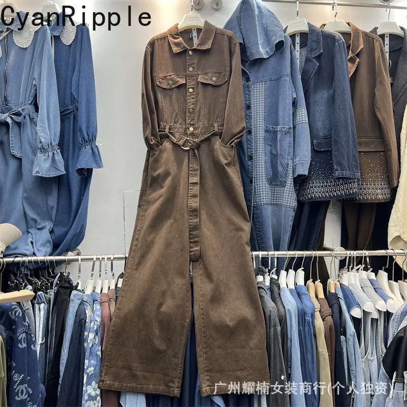 Fashionable Spring Autumn Women Workwear Denim Overalls Loose Jeans Turn-down Collar Single-breasted Long Sleeve Denim Jumpsuits