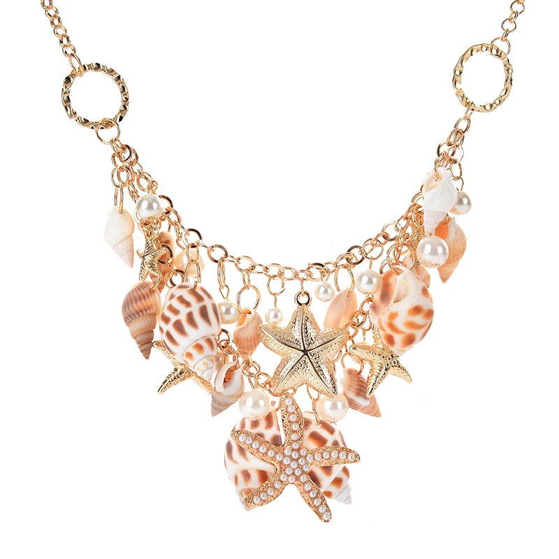 Aihua Böhmen Gold Farbe Imitation Perle Muschel Shell Seestern Halskette für Frauen Halsband Halskette Kragen Sommer Strand Schmuck – Detail 7