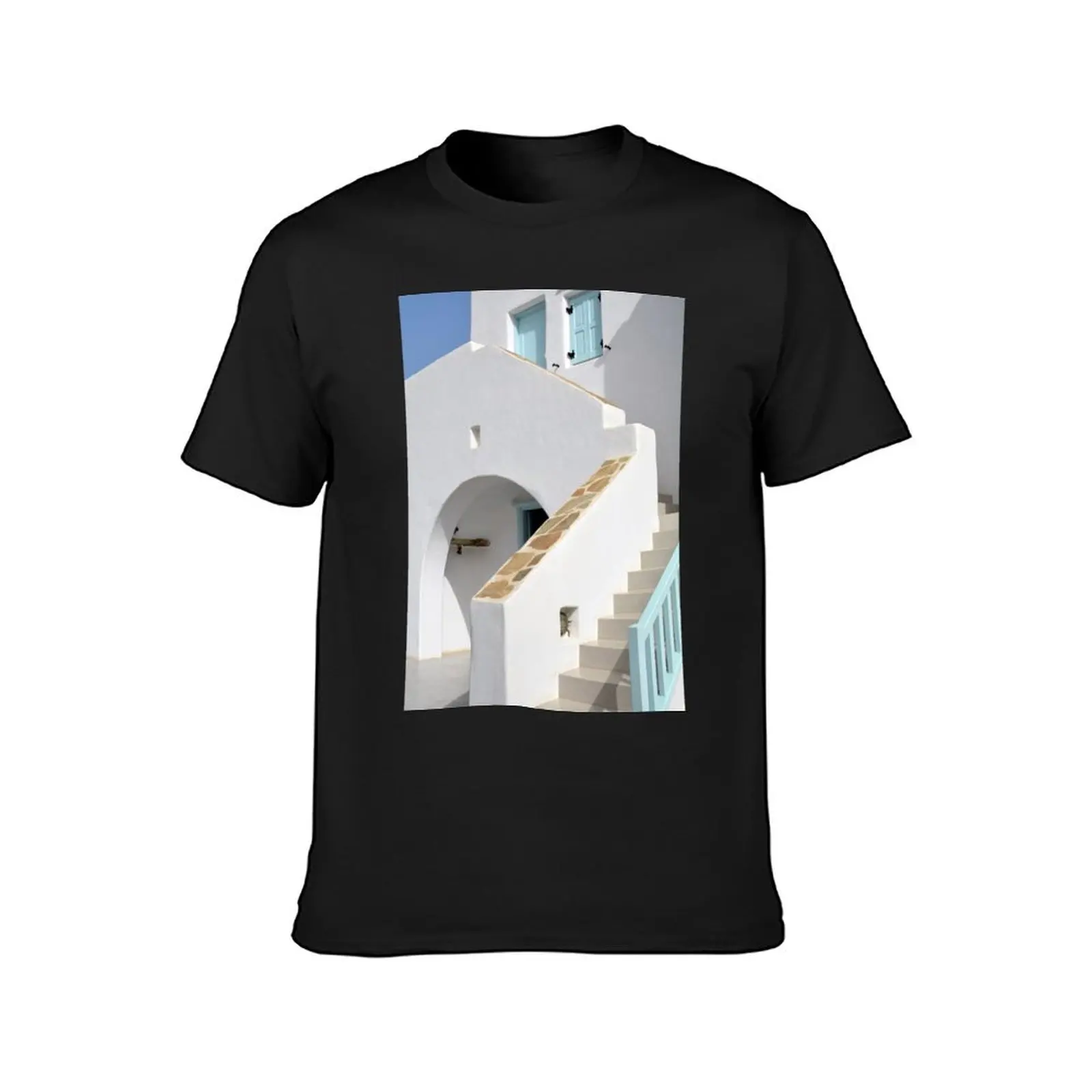 White architecture in Greece with blue elements T-shirt anime clothes oversized big and tall t shirts for men