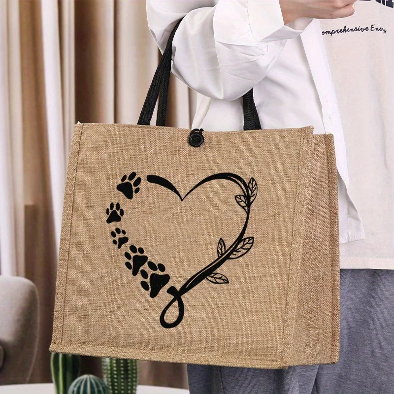 Letter Print Tote Bag Pattern Black Heart Print Casual Handbag Large Capacity Gift Bags Women's Linen with Buttons Shopping Bags