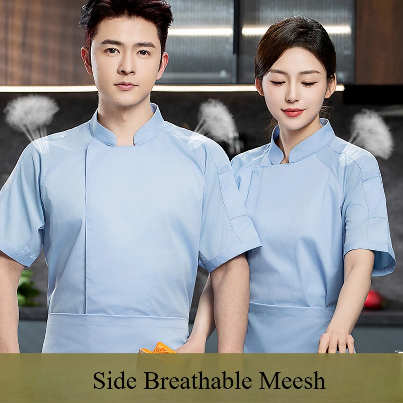 Veste de Chef unisexe en maille respirante, manches courtes, bleu ciel, Service alimentaire, chemise de cuisinier de cuisine, uniforme de serveur