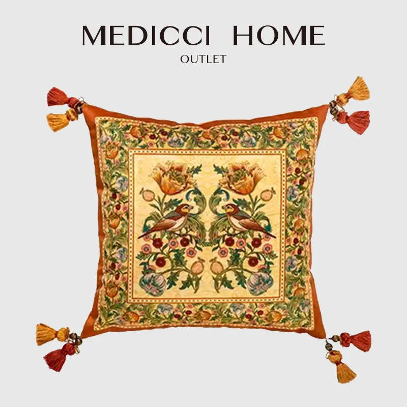 Medicci Home Gobelin Tapestry Style Cushion Cover Fantasy Gobelin Reversible Cushion Cover With Tassels Retro Birds Floral Decor