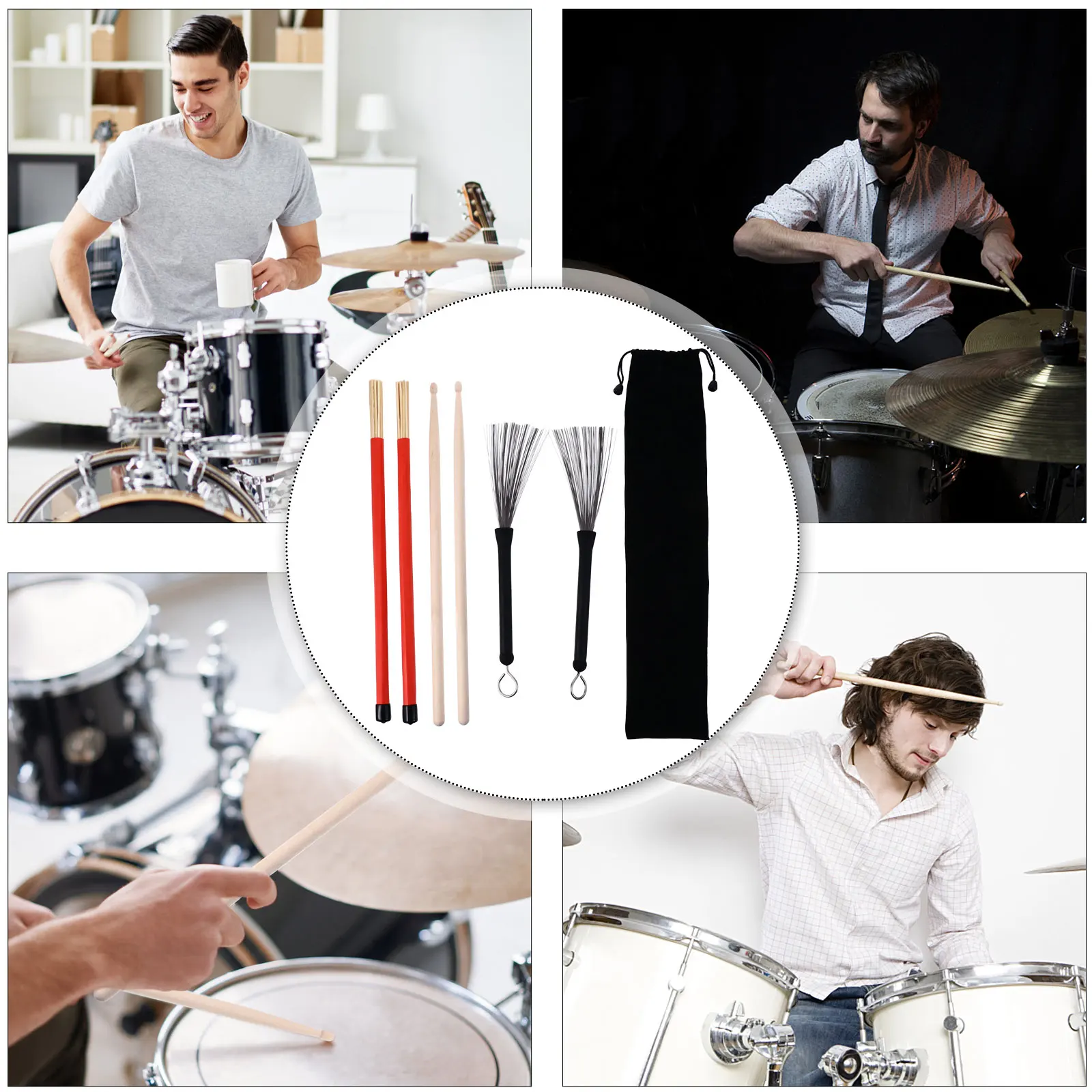 

1Set Drum Stick Set Bamboo Brush Retractable Steel Wire Brush Professional Drum Accessory for Percussion Instruments