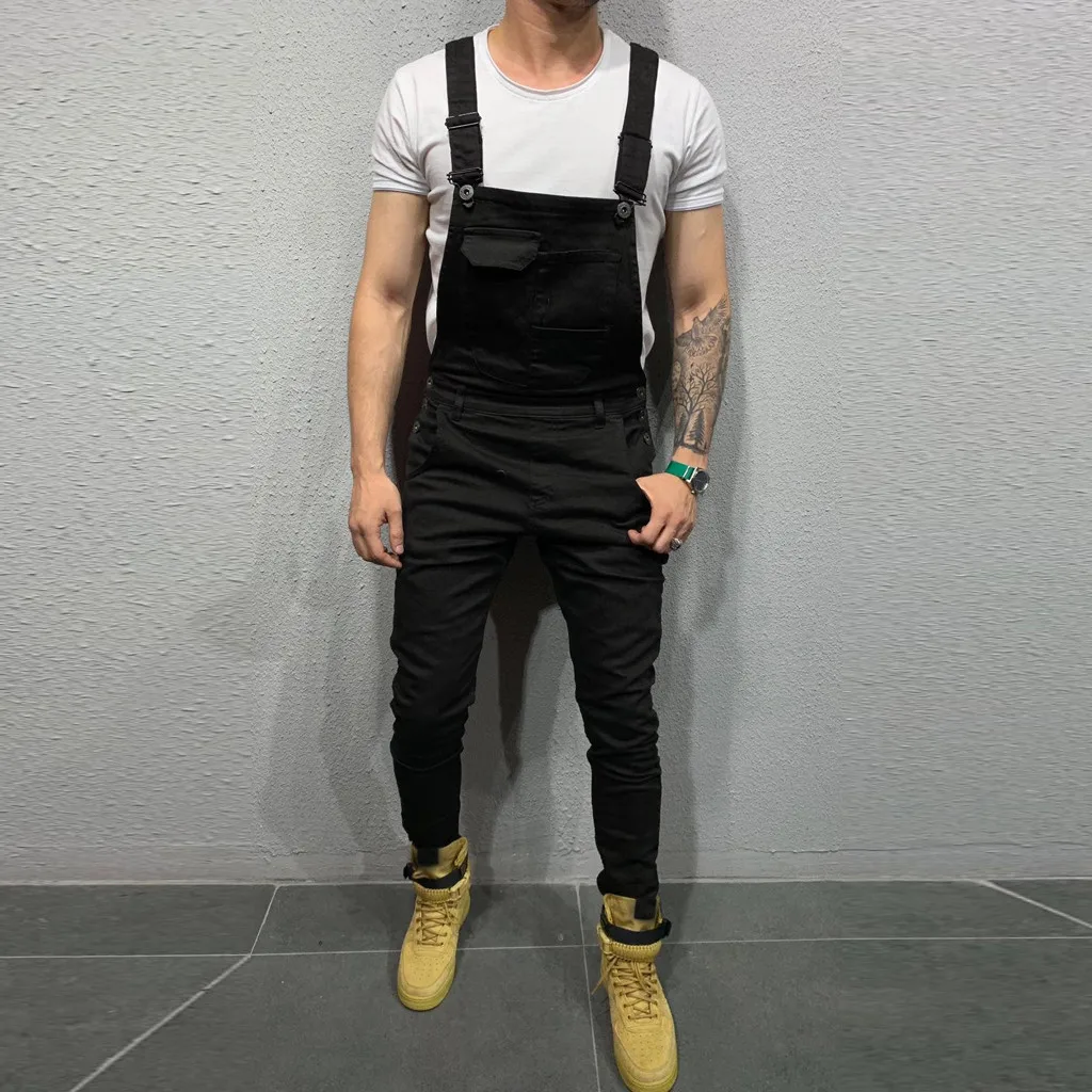 

Men's Pocket Jeans Jumpsuit Streetwear Washed Backstrap One-Piece Suspenders Men's Slim Solid Colour Straight Popular Jumpsuit