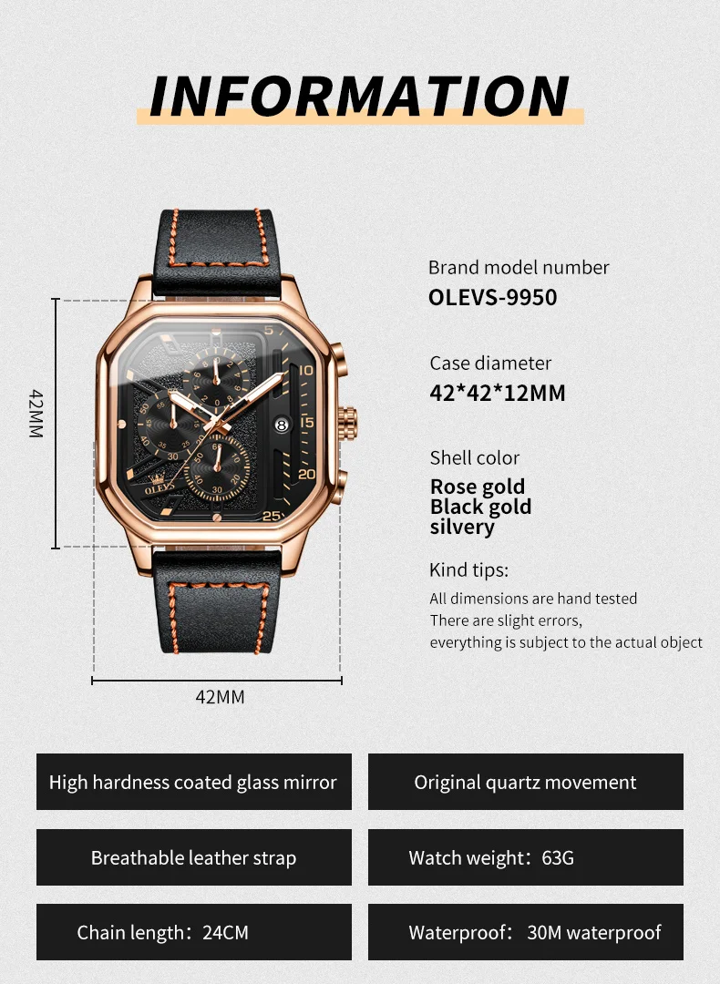 OLEVS 9950 Quartz Watch for Men Waterproof Luminous Leather Strap Chronograph Clock Man TOP Brand Original Wristwatch Male