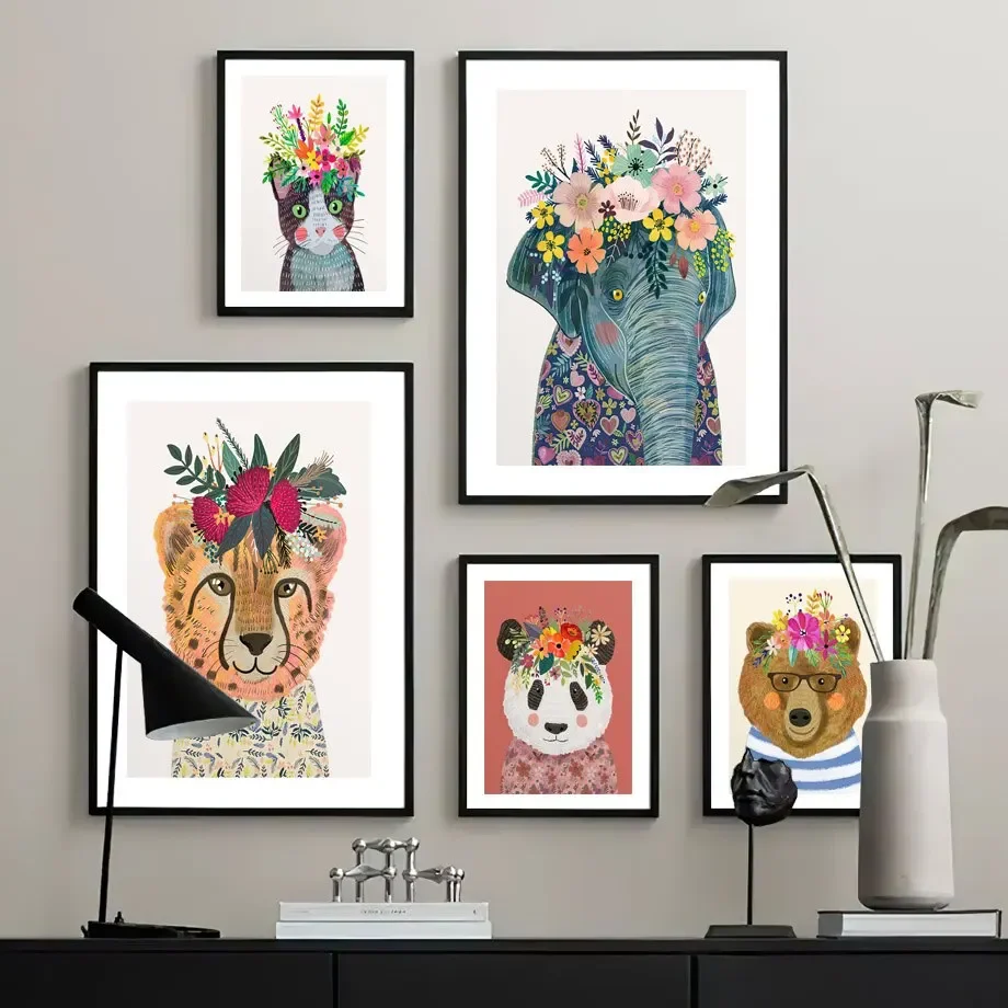 Bear Cat Cheetah Panda Elephant Rabbit Flowers Wall Art Canvas Painting Nordic Posters And Prints Wall Pictures Kids Room Decor