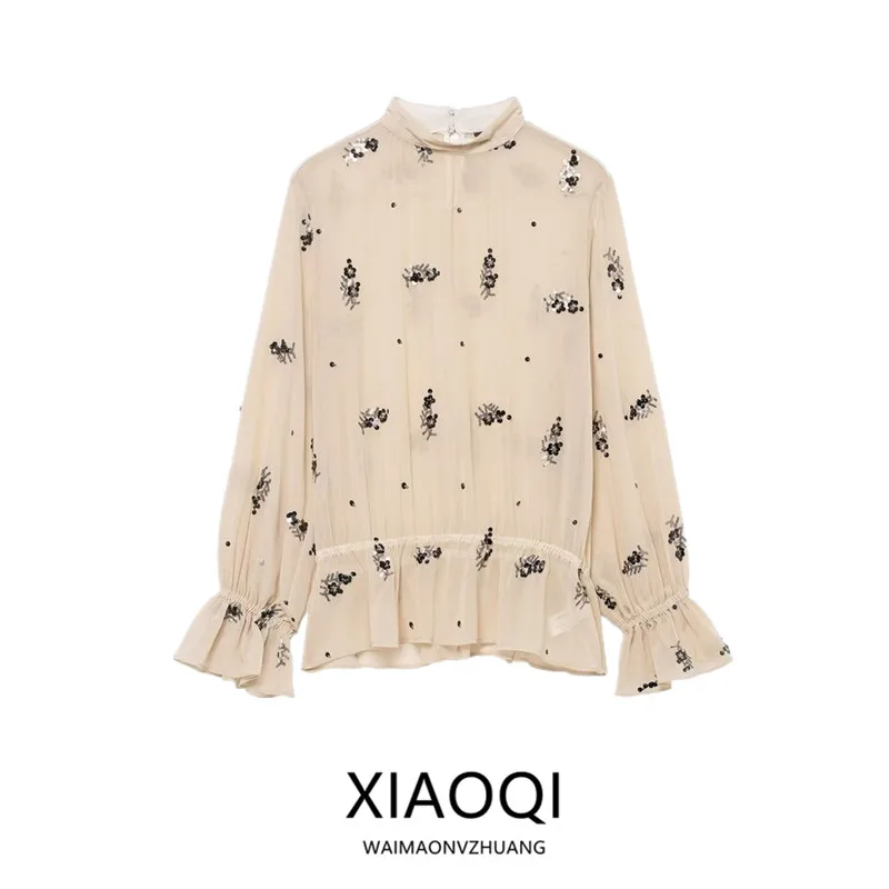 

Translucent Long Sleeve Beaded Women's Shirt Versatile Design Autumn Winter New Arrival Commute Style Loose Fit Button Closure