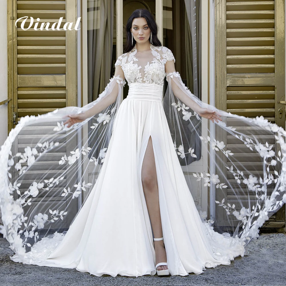فساتين زفاف بوهو أنيقة قابلة للانفصال ثلاثية الأبعاد الأزهار كيب الوهم الرقبة عالية الشق الشيفون ألف خط فستان زفاف كيب كم مخصص