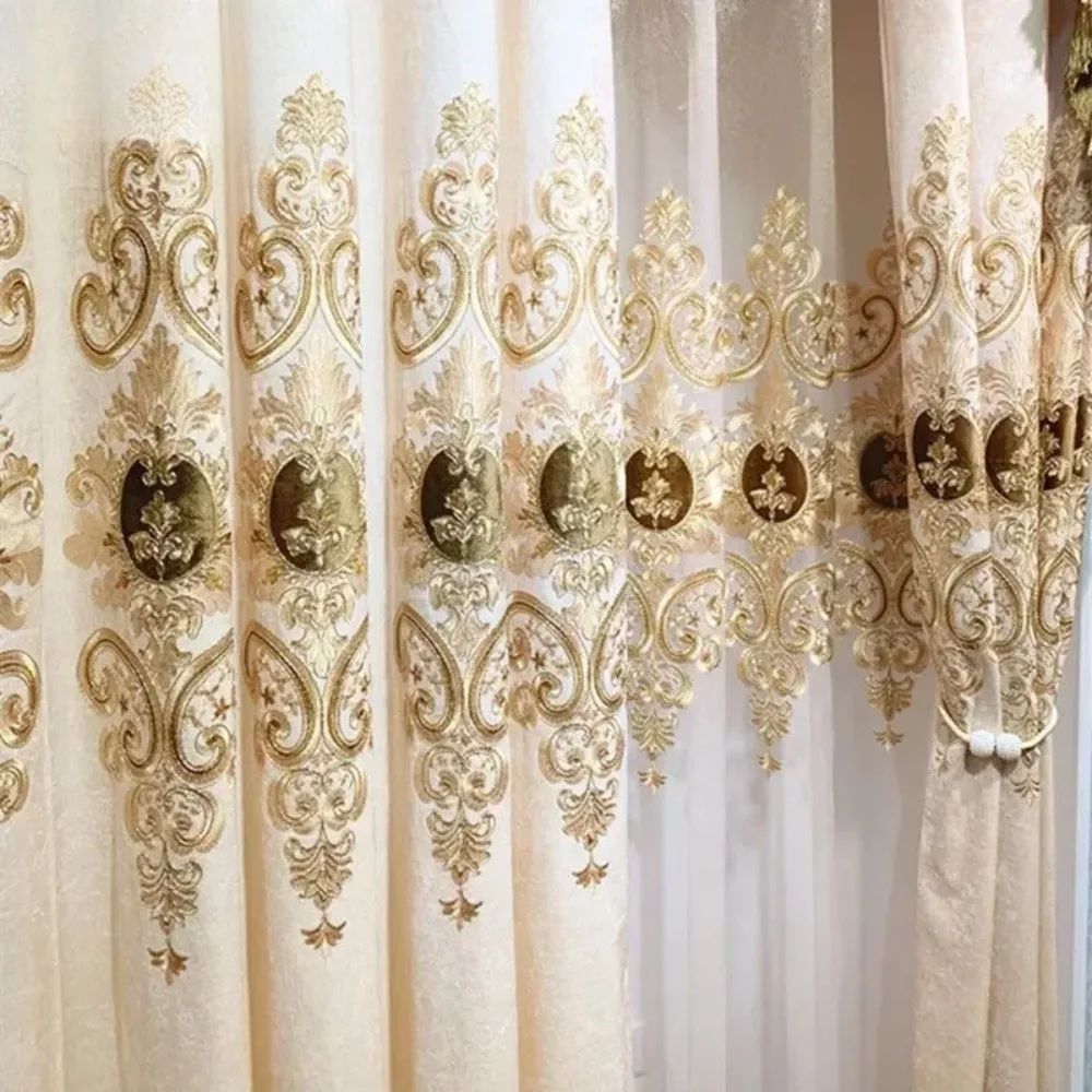 European Chenille Beige Embroidered Luxury Curtains for Living Room Bedroom Dining Blackout Window Custom White Tulle