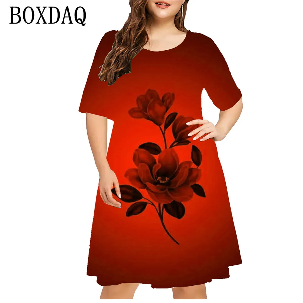 Women's Summer Dresses Large Size Flower 3D Printed Short Sleeve Dress Casual Gradient Pullover Ladies Plus Size Clothes 5XL 6XL