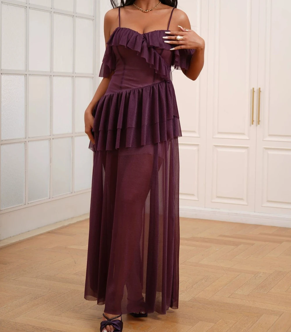 

2025 new sleeveless dress slim simple slit long skirt purple dress sexy suspender skirt-GZXX479