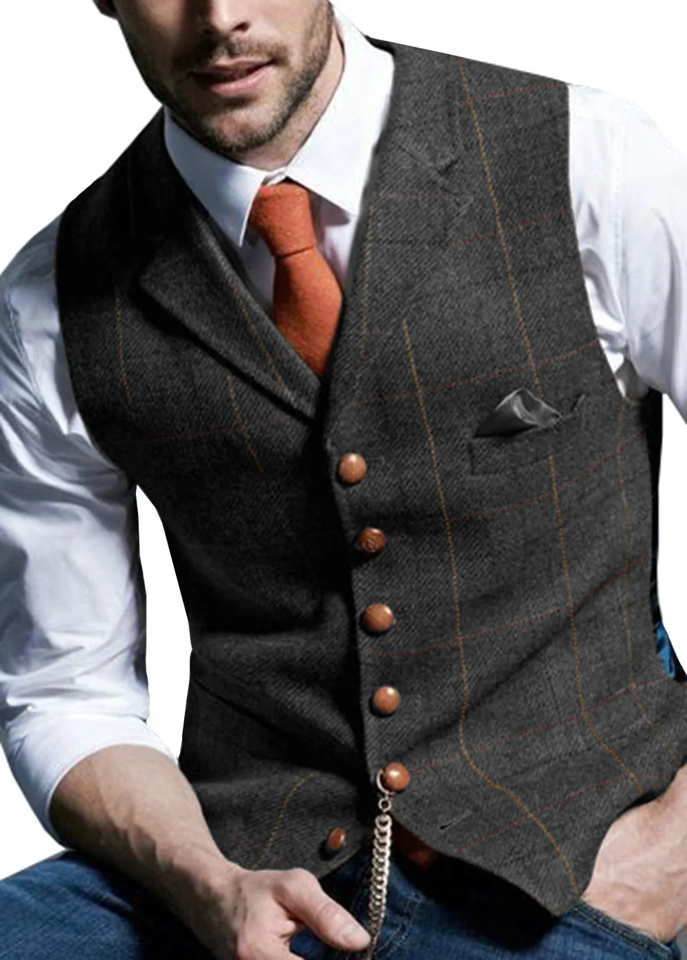 Gilet de costume pour homme en laine à chevrons et tweed, à revers crantés, à motif écossais, décont