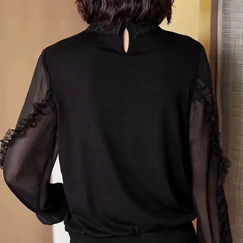 Women Korean Fashion Sexy Sheer Mesh Lace Patchwork Elegant Chic Blouse Female Casual Black Long Sleeve Loose Tops Blusas Mujer