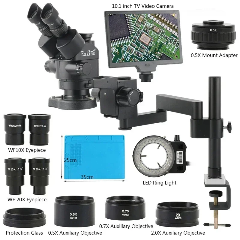 3.5X-180X Simul Focal Trinocular Stereo Microscope 10.1 LCD Integrated Display 1080P HDMI USB Camera Rotate Arm Folding Stand