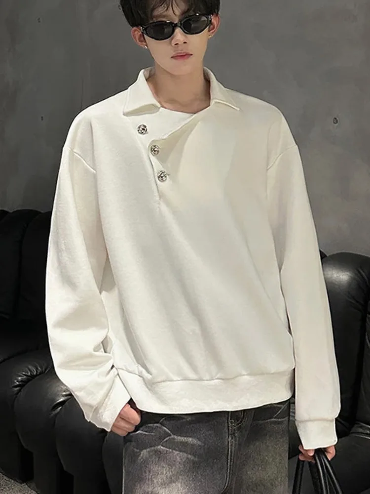 Korean Style Men's Tees Lapel Solid Color Casual Menswear New Long Sleeve All-match Breasted Male T-shirts Simple BGH6