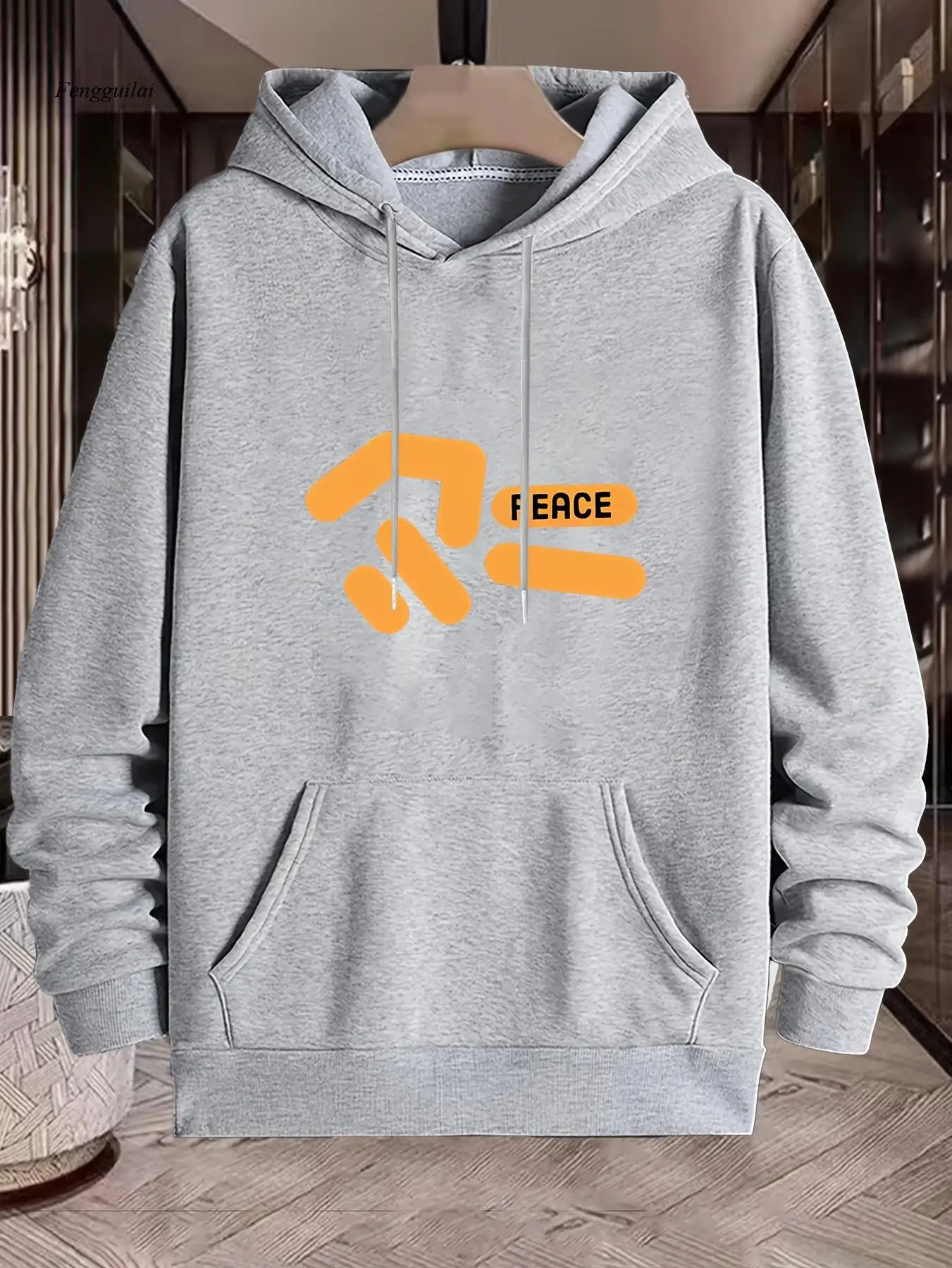 Felpa con cappuccio stile hip-hop con grafica del segno di pace - Felpa nera casual, manica lunga, lavabile in lavatrice per l'autunno