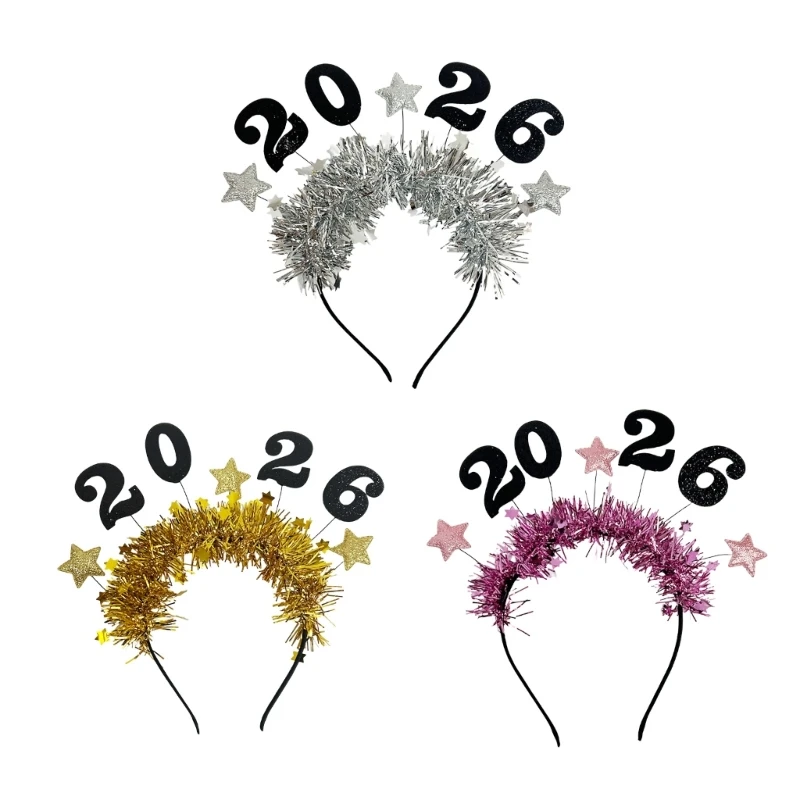 39BD 2026 Neujahr glitzert Kopfbedeckung, stilvolle Lametta-Haardekorationen, Unisex-Haarband, Stirnbänder für Partys – Detail 1
