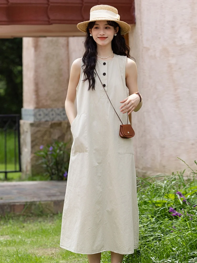 

Puella Summer Design Sensation Loose Feel round Neck Sleeveless Dress Elegant Commute Style High Waist A-Line Cotton Dress