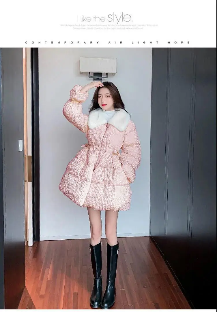 Korean Sweet Mid-Length Padded Coat for Women Winter Doll Collar Waist-Cinching Puffer Parkas Woman A Line Fluffy Quilted Jacket