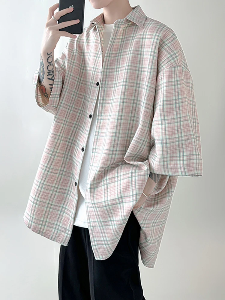 

Dopne Pink Plaid irt Men's High-End Sle Svel Outerwear Salt System Boyfriend Faion Seven-Quarter Length irt
