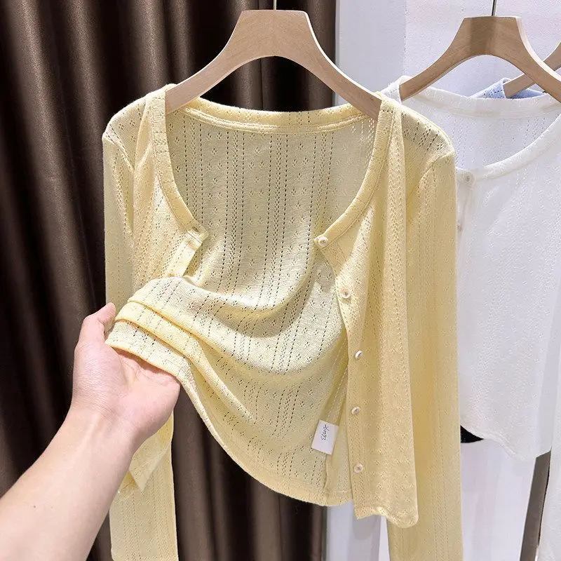 Blue Large Size Knitted Long Sleeve Open Cardigan Women's Fashion Outerwear Short Shoulder Shawl Thin Cover up Simple Style
