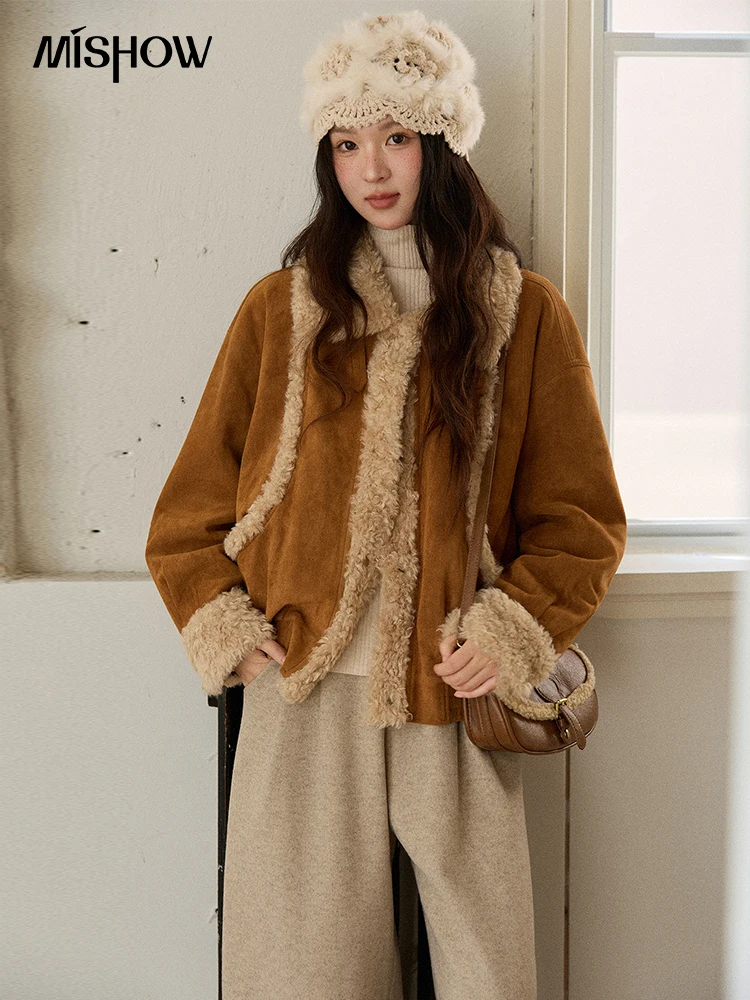 

MISHOW Woman Short Jacket 2025 Winter Retro Brown Suede Patchwork Fur Coat Loose Faux Lambswool Turn Down Collar Coat MXE89W0895