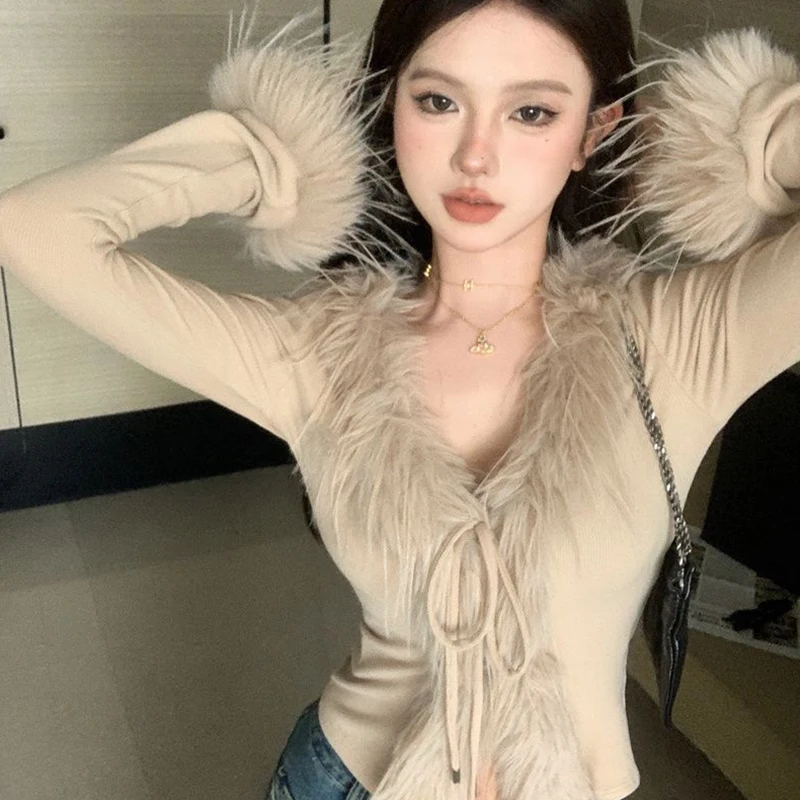 Korean Hot Girl Furry V-neck Long Sleeve Irregular Slim Short Sweater Cardigan