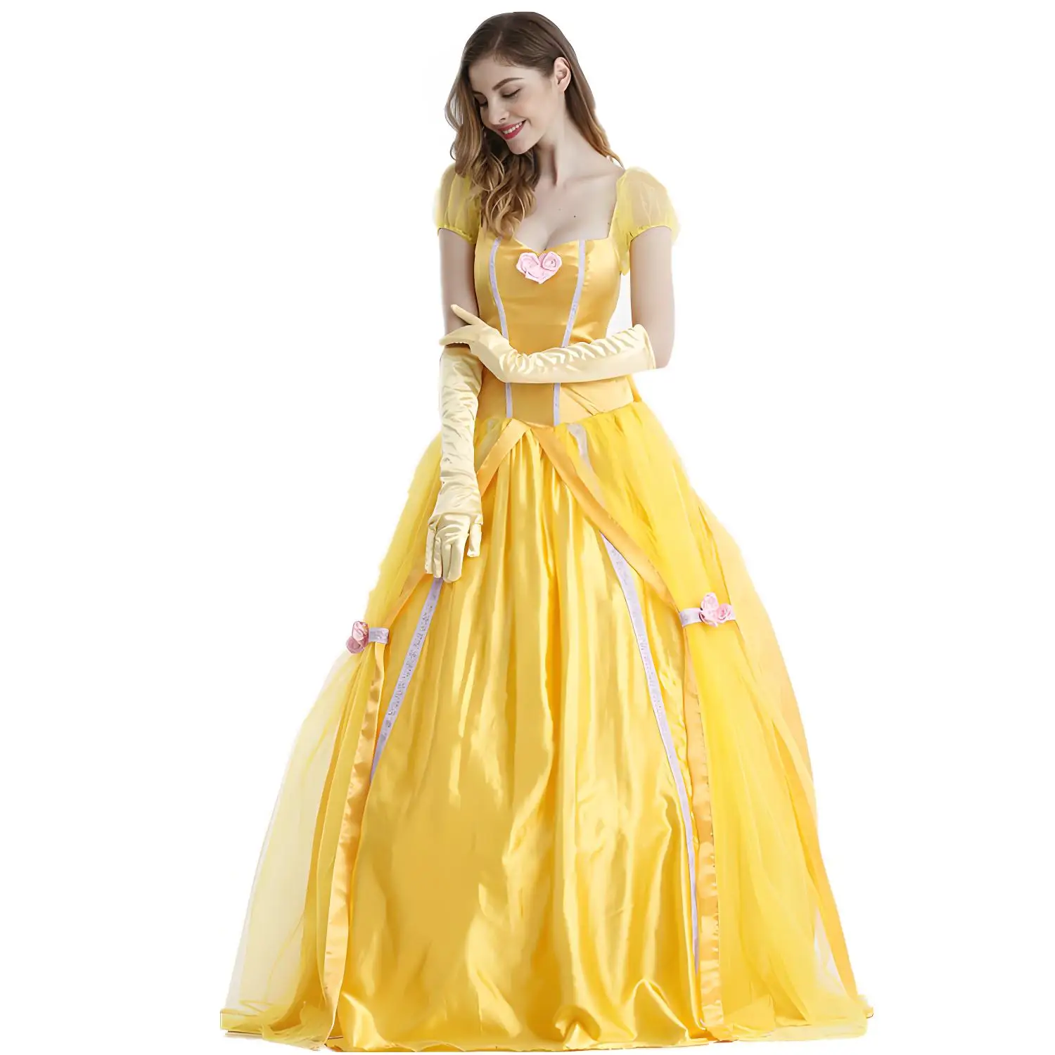 فستان طويل أصفر للبالغين من Beauty And the Beast Belle، زي الهالوين، بدلة الأميرة التنكرية للكرنفال للنساء