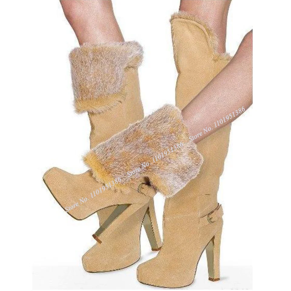 

Abesire Yellow Fur Decor Suede Boots Turn Over Platform Boots Chunky Heel Shoes for Women High Heel Causal Zapatillas Mujer