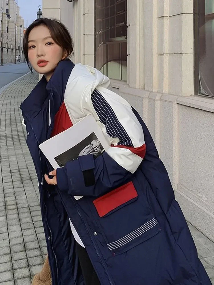 2023 New Women Over Knee White Duck Down Parka Thickened Loose Outerwear Long Contrast Color Patchwork Hooded Down Jacket