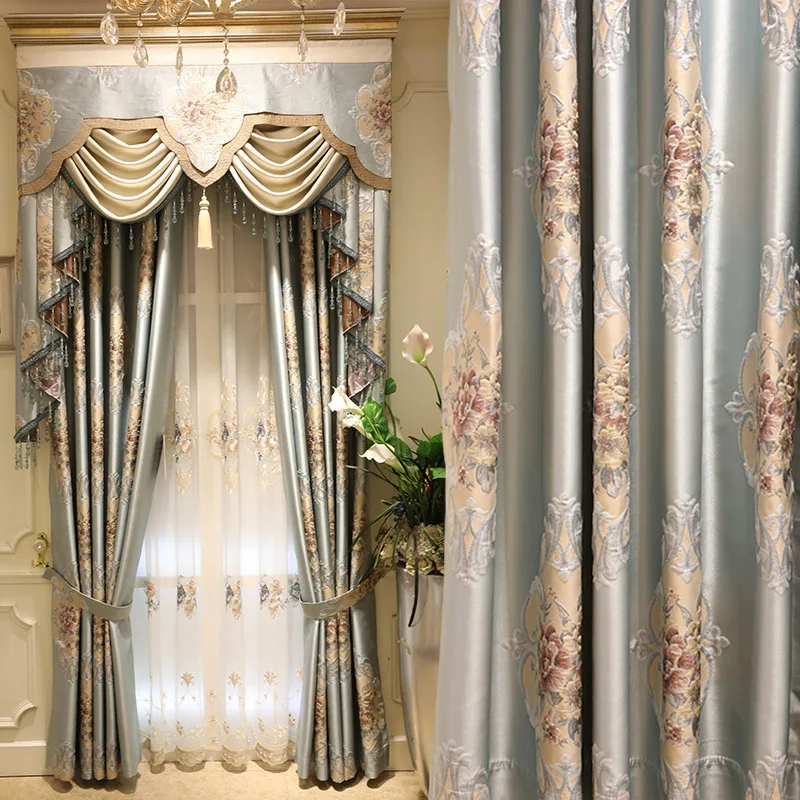 

European Embroidery Curtains for Living Room Bedroom Thick Chenille Blackout Jacquard Embossed Tulle Valance Custom Window