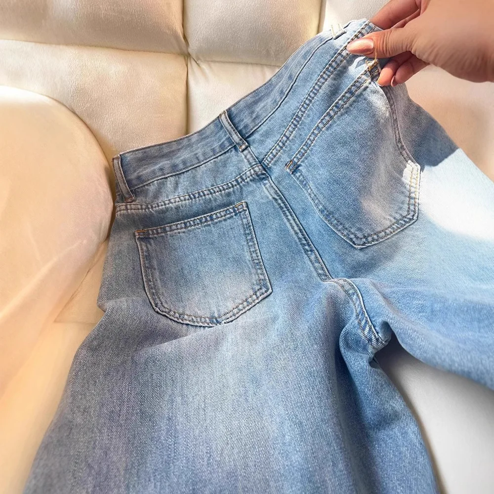 Rits Hoge Taille Losse Denim Broek Volledige Lengte Gewassen Distressed Basics Jeans Wijde Pijpen Broek Dames Rechte Jean